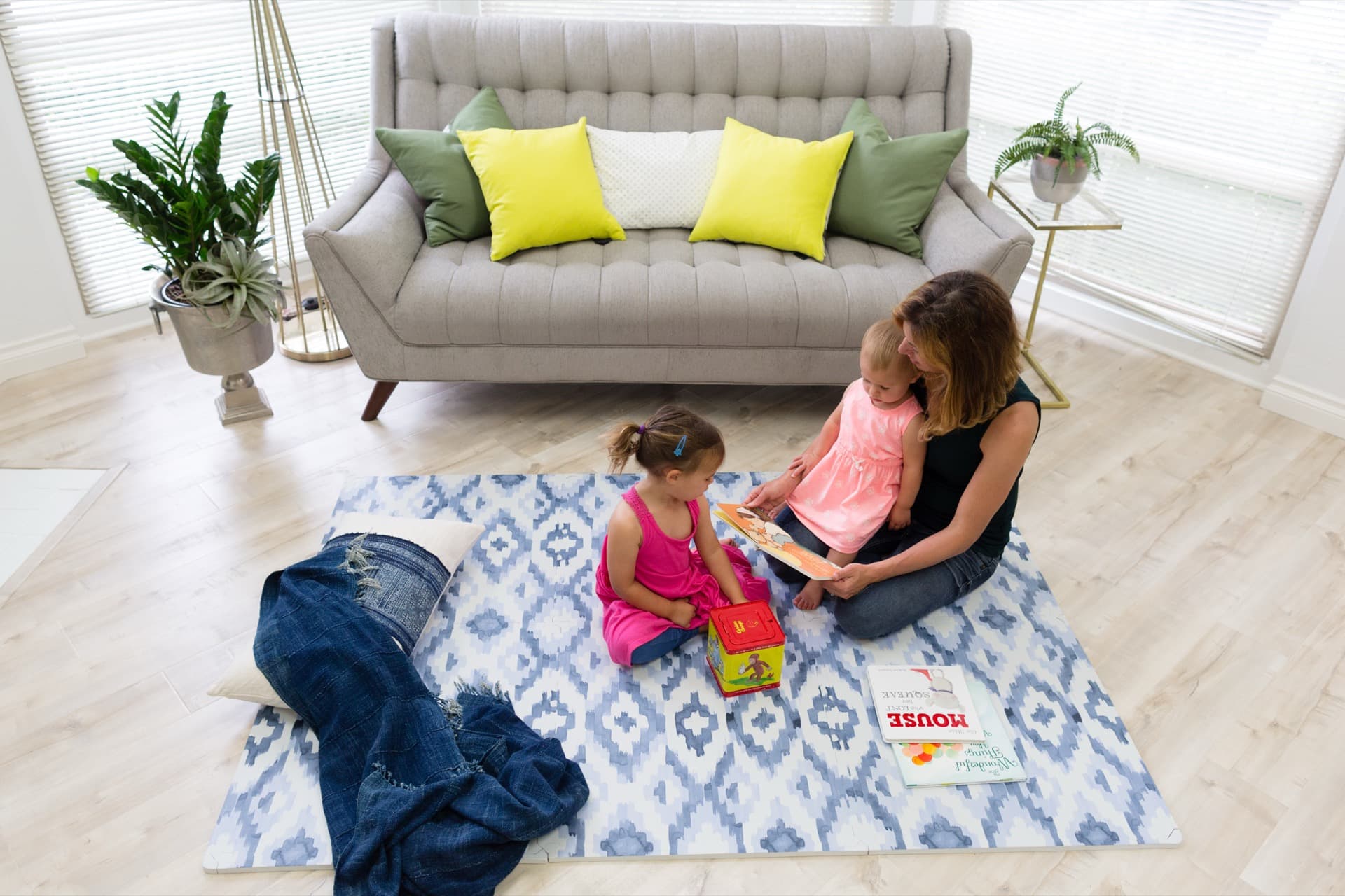 Everline play mat styled in a bright modern living room